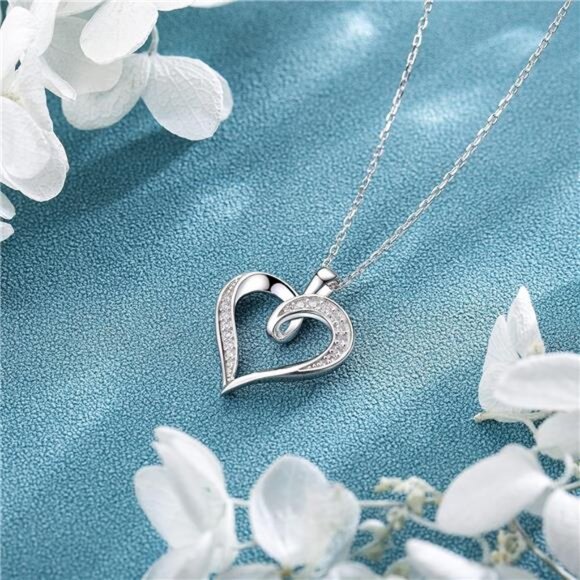 Silver Love Heart Necklace 925 Sterling Silver Platinum Plated Round - Picture 5 of 7